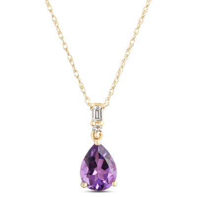 Pear Shaped Amethyst Pendant Necklace with Diamond Accents, 1/10 Carat Total Weight, 14K Yellow Gold