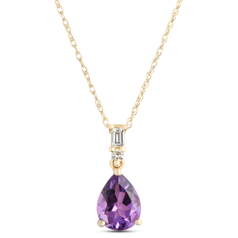 Pear Shaped Amethyst Pendant Necklace with Diamond Accents, 1/10 Carat Total Weight, 14K Yellow Gold image number 0