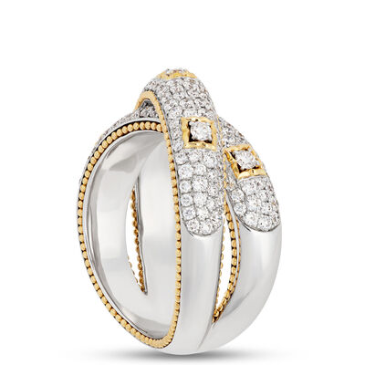 Two-Tone Crisscross Diamond Ring, 1 &frac14; Carat Total Weight, 18K White and Yellow Gold Size 7