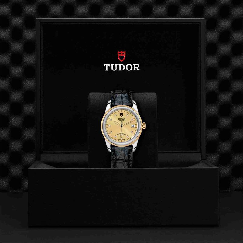 TUDOR Glamour Date Watch Champagne Dial Black Leather Strap, 36mm image number 1