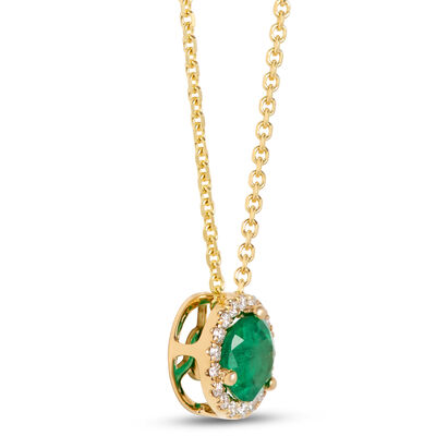 Round Emerald Pendant with Diamond Halo, 14K Yellow Gold