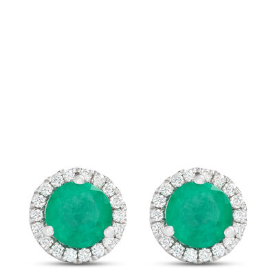 Round Cut Emerald and Diamond Studs, 14K White Gold