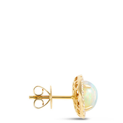 Round Opal and Diamond Halo Earrings, ⅓ Total Carat Weight, 14K Yellow Gold