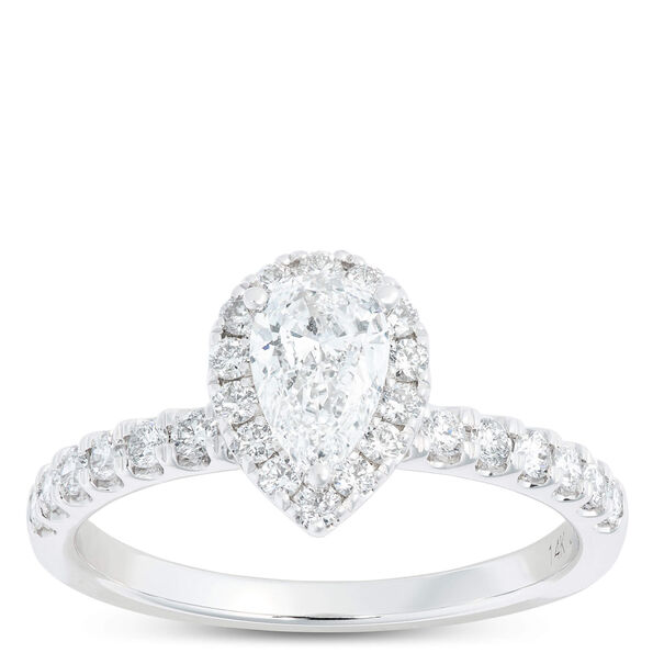 Pear Shape Halo and Round Diamond Bridal Set, 14K White Gold