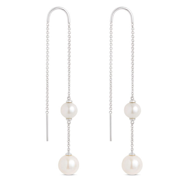 Threader Double Pearl Earrings in 14K White Gold