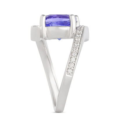 Cushion Cut Tanzanite and Diamond Ring, &frac14; Carat Total Weight 14K White Gold