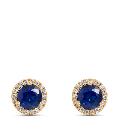 Round Sapphire and Diamond Studs, 14K White Gold