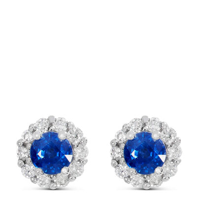 Round Cut Sapphire Halo Stud Earrings, 14K White Gold