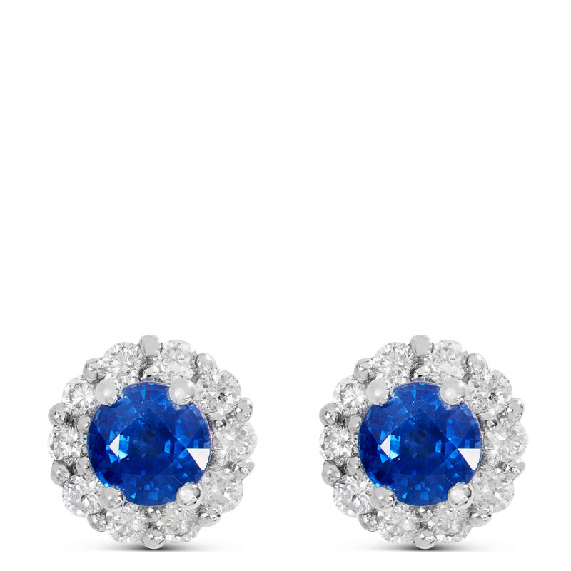Round Cut Sapphire Halo Stud Earrings, 14K White Gold image number 0