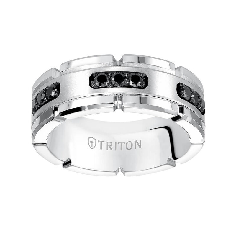 TRITON Stone Contemporary Comfort Fit Black Diamond Link Edge Band in White Tungsten & Silver, 8 mm image number 3
