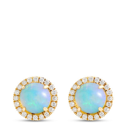 Round Opal and Diamond Halo Earrings, ⅓ Total Carat Weight, 14K Yellow Gold
