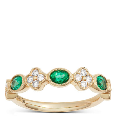 Emerald and Diamond Flower Ring, 14K Yellow Gold