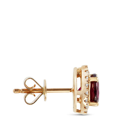 Round Cut Rhodolite and Diamond Halo Earrings, 14K Yellow Gold&nbsp;