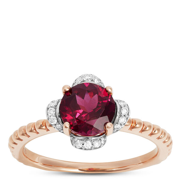 Rose Gold Purple Garnet & Diamond Flower Ring 14K