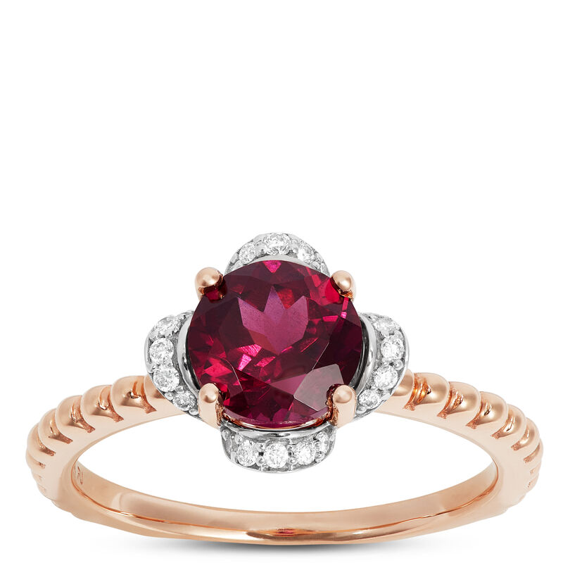 Rose Gold Purple Garnet & Diamond Flower Ring 14K image number 0