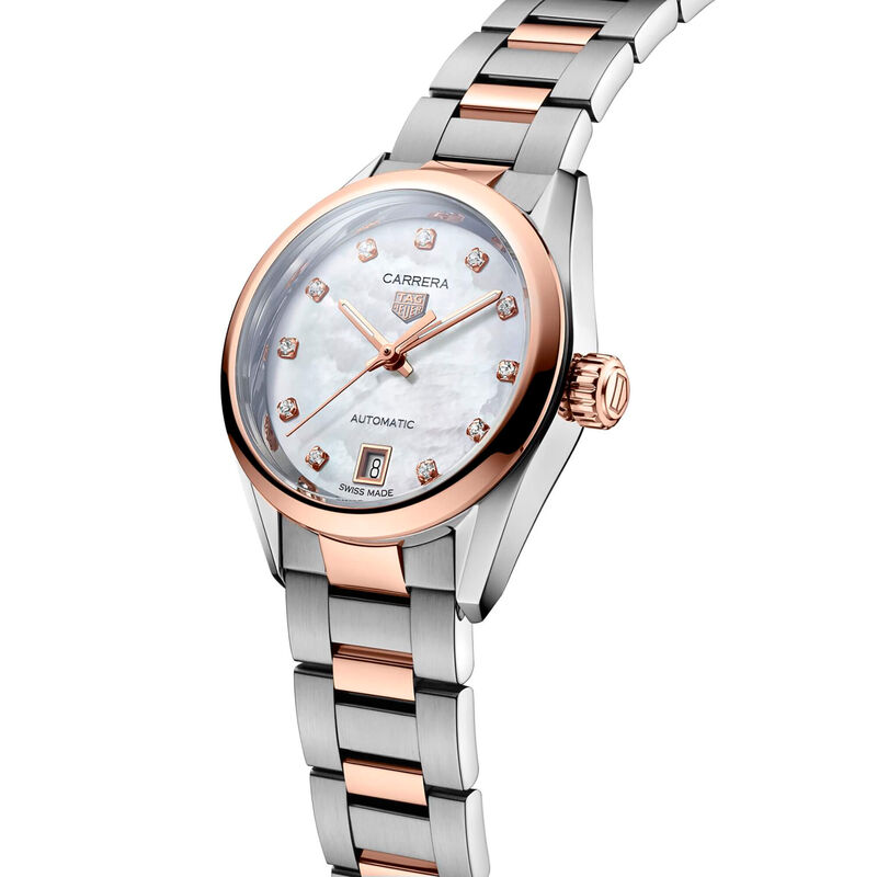 TAG Heuer Carrera Date Watch Mother of Pearl Dial Steel and 18K Rose Gold Bracelet, 29mm image number 1