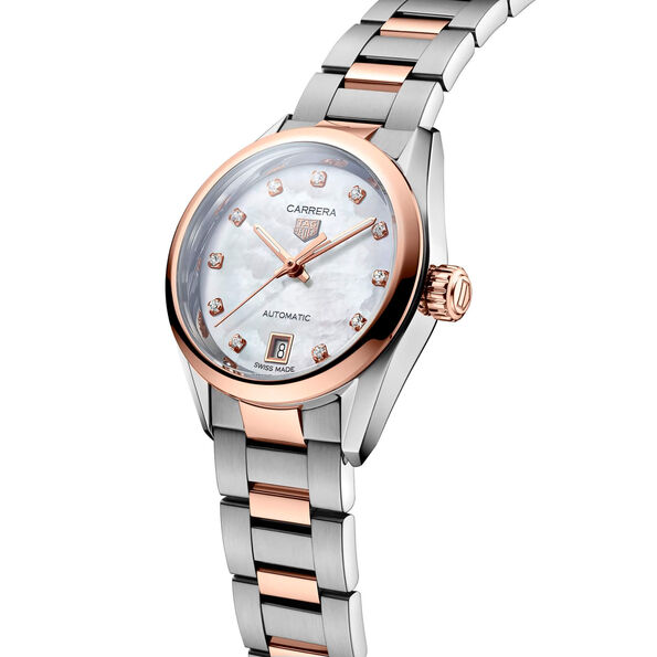 TAG Heuer Carrera Date Watch Mother of Pearl Dial Steel and 18K Rose Gold Bracelet, 29mm