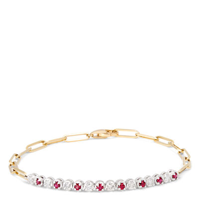 Paperclip Round Ruby and Diamond Bracelet in 14K Yellow Gold
