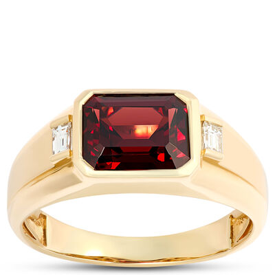 Emerald Cut Garnet Ring with Baguatte Diamonds, ⅕ Total Carat Weight, 14K Yellow Gold