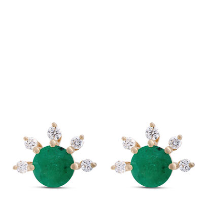 Round Emerald and Diamond Studs, 14K Yellow Gold