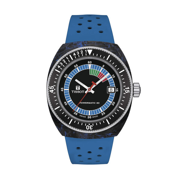 Tissot Sidereals Powermatic 80 Watch Black Dial Blue Rubber Strap, 41mm