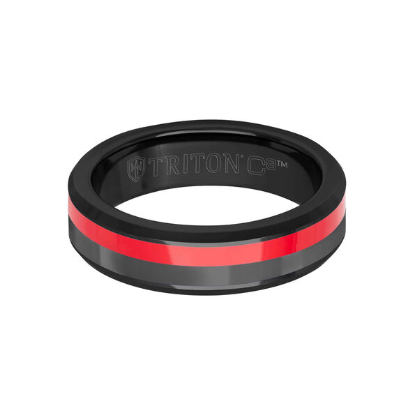TRITON Red Ceramic Channel and Bevel Edge Band in Grey Tungsten Carbide, 6MM