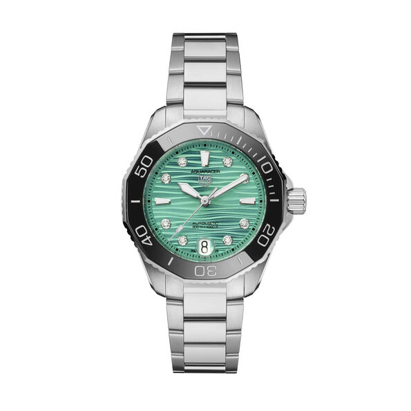 TAG Heuer Aquaracer Professional 300 Watch Turquoise Diamond-Set Dial Steel Bracelet, 36mm