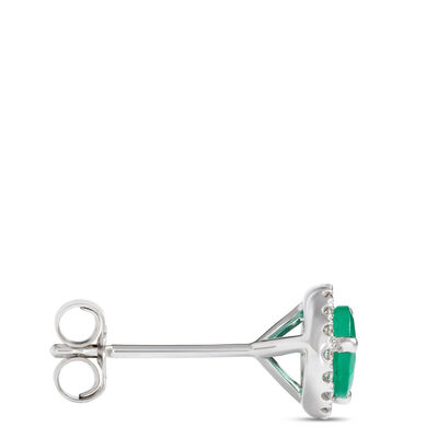 Round Cut Emerald and Diamond Studs, 14K White Gold