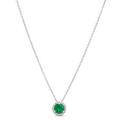 Round Emerald Pendant with Diamond Halo, 14K White Gold