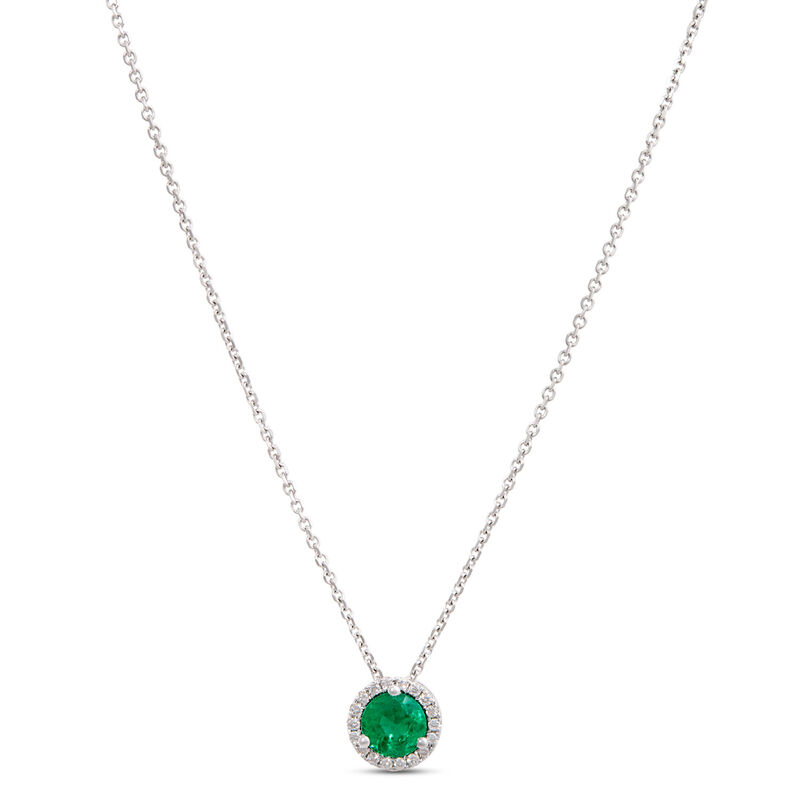 Round Emerald Pendant with Diamond Halo, 14K White Gold image number 0