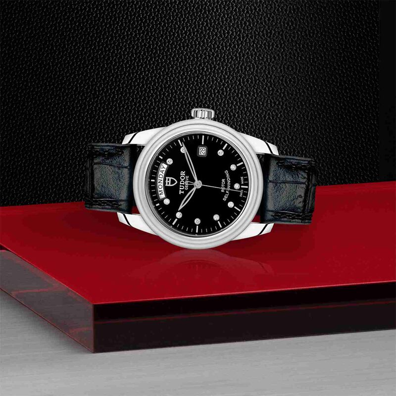 TUDOR Glamour Date+Day Watch Black Dial Black Leather Strap, 39mm image number 3