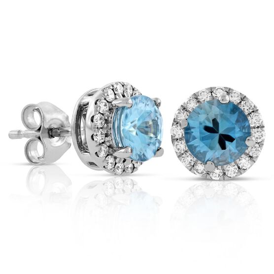 Blue Zircon & Diamond Halo Earrings 14K