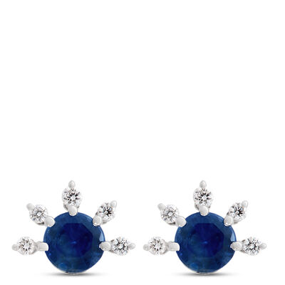 Round Sapphire and Diamond Studs, 14K White Gold