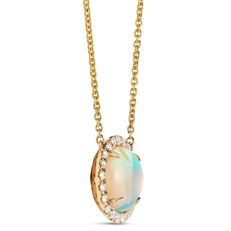 Round Opal and Diamond Halo Necklace, 14K Yellow Gold image number 1
