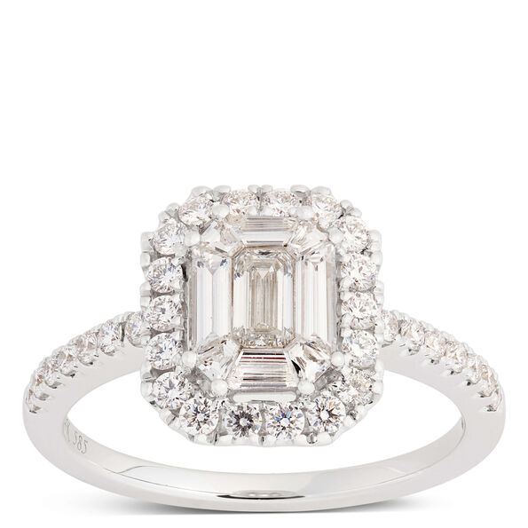 Emerald Cut Halo Engagement Ring, 14K White Gold