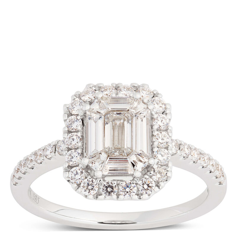 Emerald Cut Halo Engagement Ring, 14K White Gold image number 0
