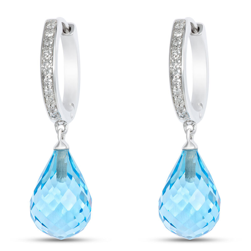 Blue Topaz Drop Earrings with Diamond Hoops, 14K White Gold image number 0