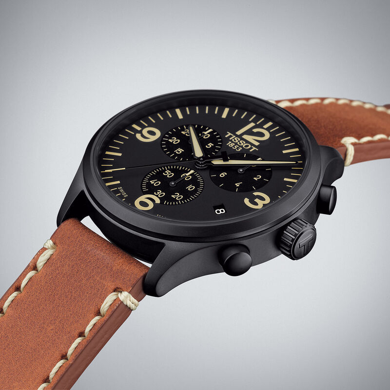 Tissot Chrono XL Black PVD Black Dial Leather Quartz Watch, 45mm image number 1