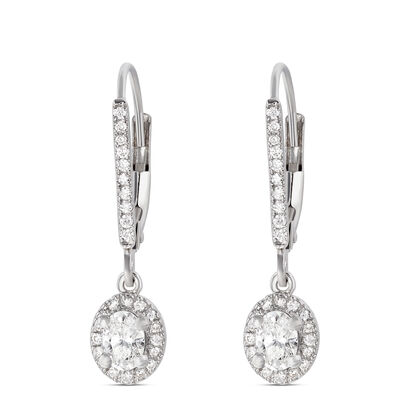 Oval Diamond Leverback Earrings, 14K White Gold