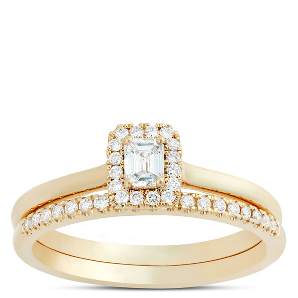 Emerald Cut Halo Engagement Ring in 14K Yellow Gold