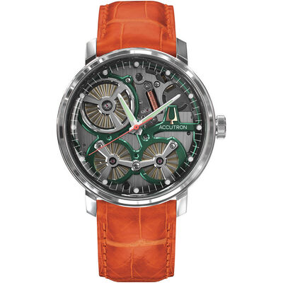 Accutron Spaceview Watch Steel Case Grey Dial Orange Leather Strap, 43.5mm