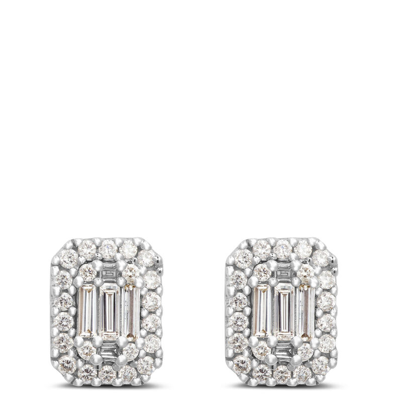 Baguette and Round Diamond Cluster Stud Earrings, 14K White Gold image number 0