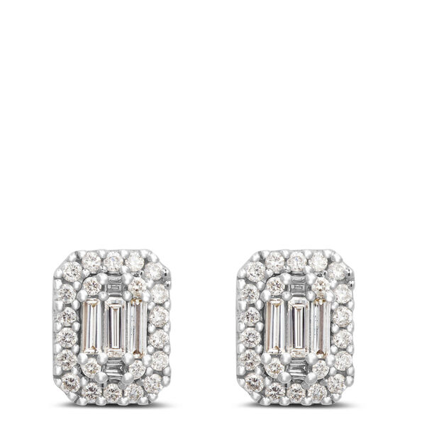 Baguette and Round Diamond Cluster Stud Earrings, 14K White Gold