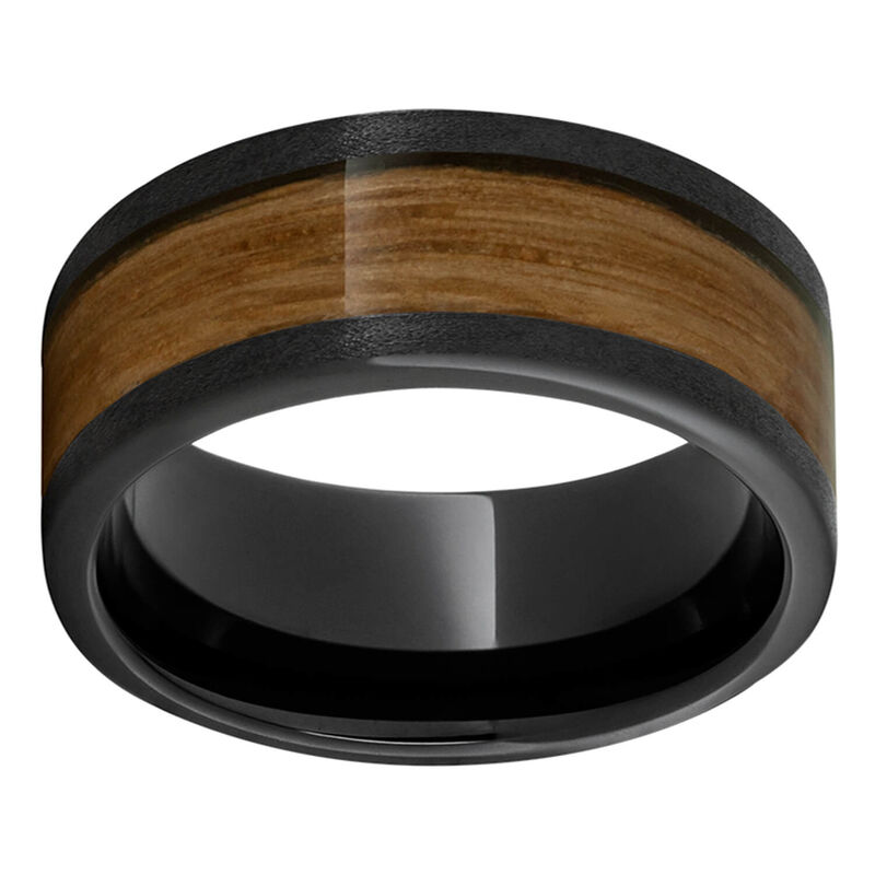 Black Ceramic™ Band with Barrel Aged™ Wood Inlay & Stone Finish image number 0