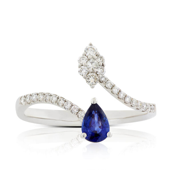 Pear Sapphire & Diamond Cluster Split Shank Ring 14K