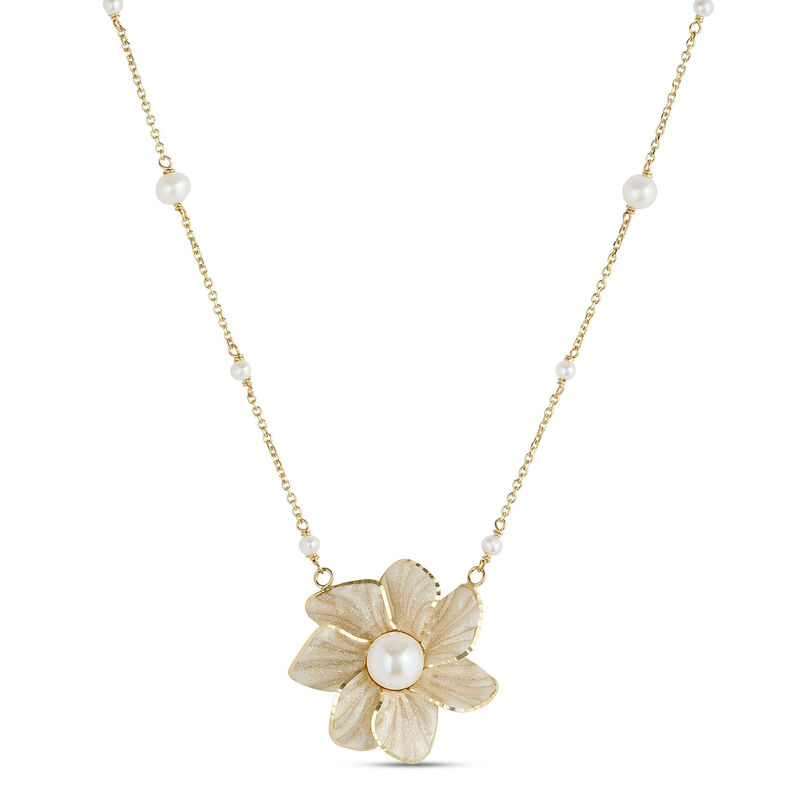 Toscano Flower Pendant with White Enamel Pearl, 14K Yellow Gold image number 0