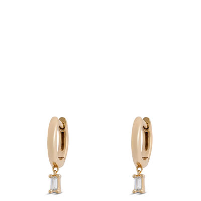 12.5MM Hoops With Dangling Baguette Diamonds, 14K Yellow Gold