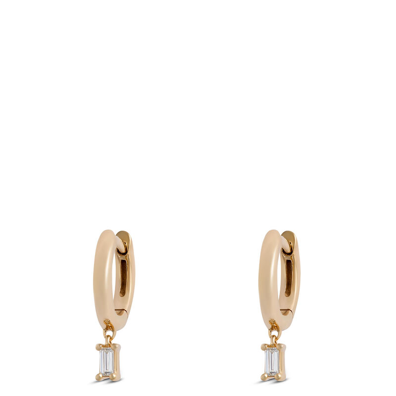 12.5MM Hoops With Dangling Baguette Diamonds, 14K Yellow Gold image number 0