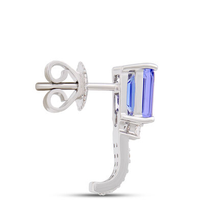 Emerald Cut Tanzanite and Round Diamond Earrings, 14K White Gold