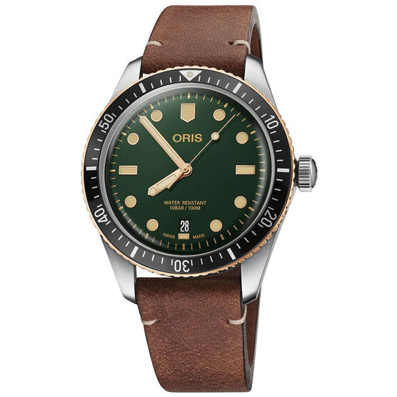 Oris Divers Sixty-Five Green Leather Steel Bronze Watch, 40mm